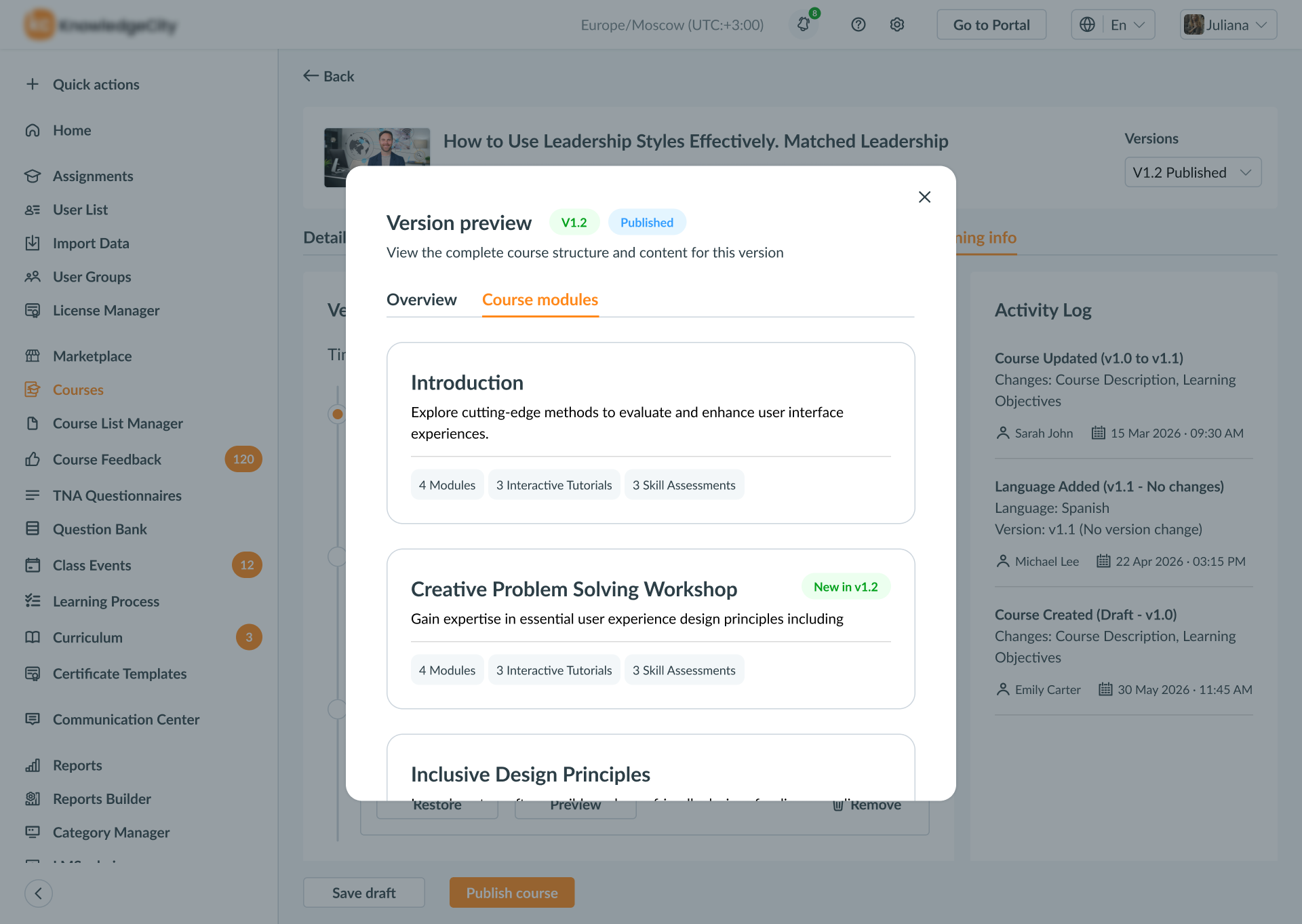 Version preview, Course modules tab — the module structure of the previewed version.